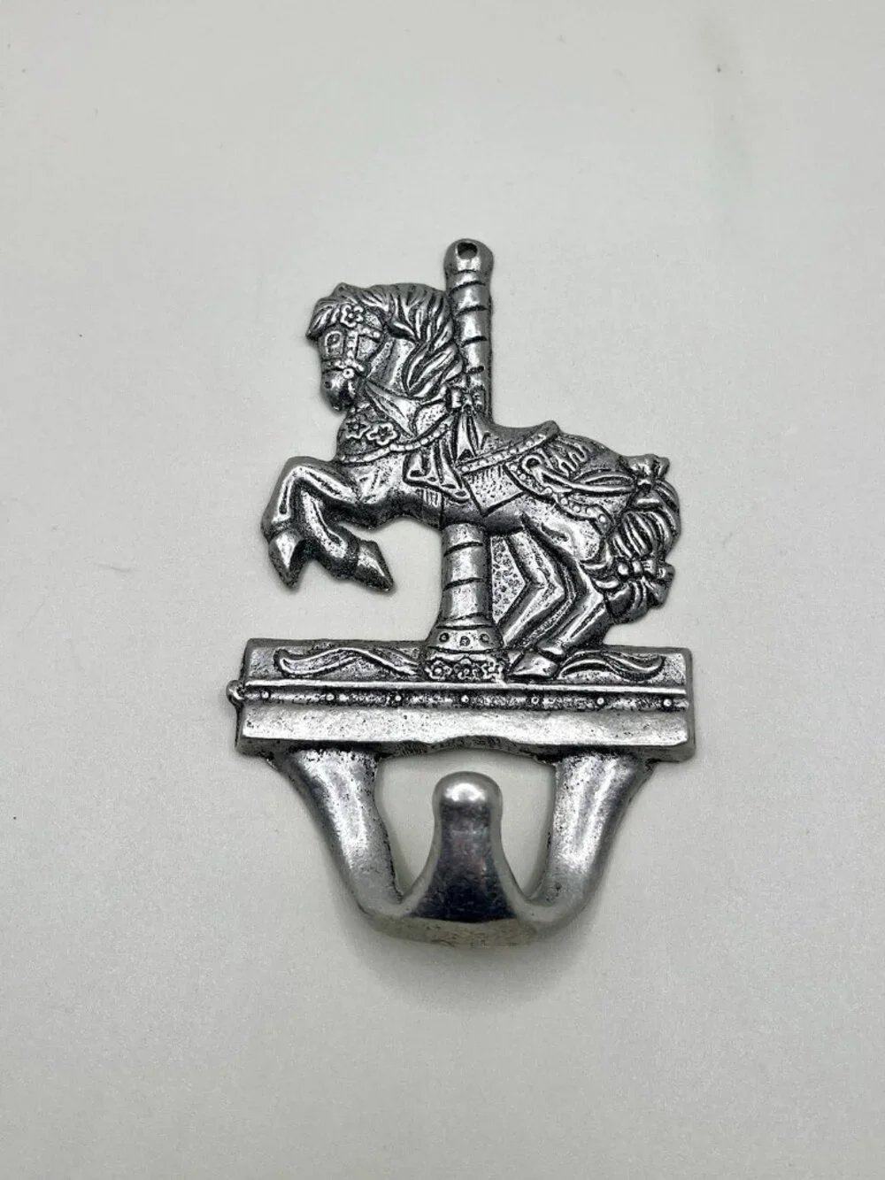 Vintage Silver Tone Carousel Horse Wall Hook Cast Metal Nursery Victorian Circus
